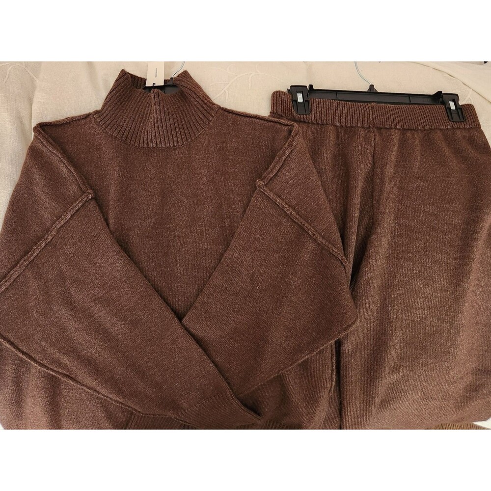 Commense Womens Turtleneck Knit Two Piece Set Loungewear Oversized Brown Medium - Picture 3 of 13